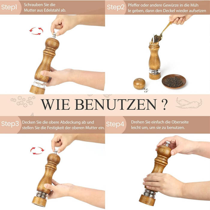 Набір для солі та перцю Jepsen: ручні млини з дерева, наповнювані, з регульованим керамічним ядром, 2 шт.