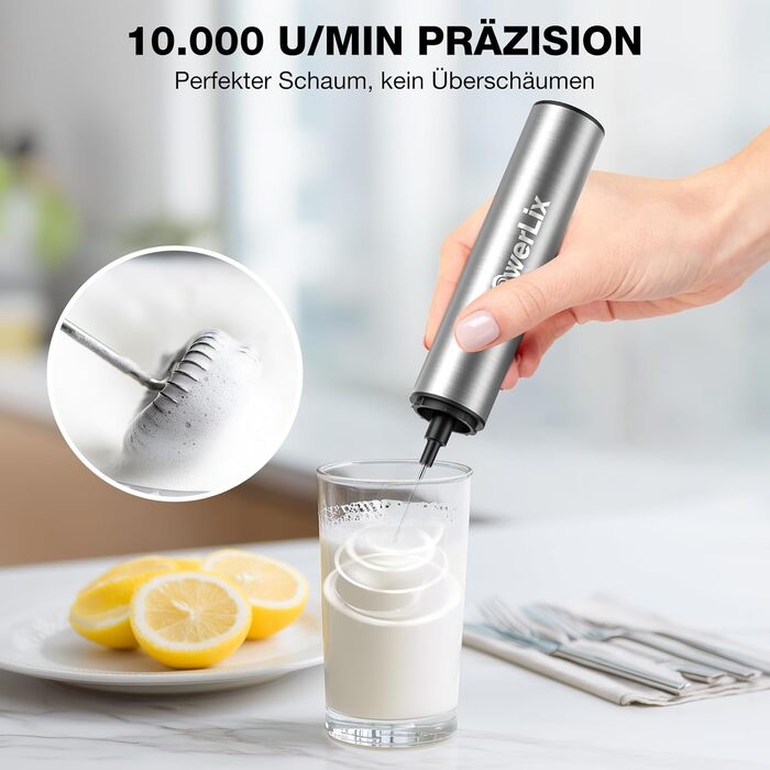 POWERLIX Pro 3-в-1 Електричний Молочний Піноутворювач Ручний - USB-C, Акумулятор, 10 000 об/хв, Змінні Насадки для Латте Макіато/Капучино/Збитий Крем, Портативний Барista
