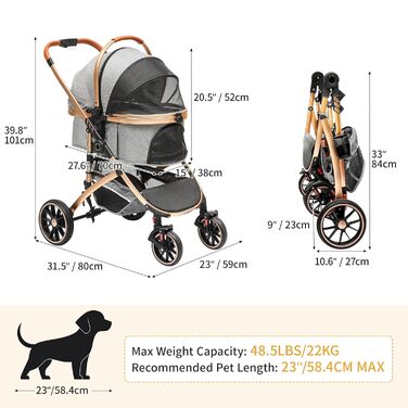Візок для собак та котів 3 в 1 DWVO, до 22 кг, сірий, з переноскою та аксесуарами