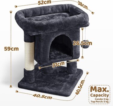 Yaheetech Scratching Post 60 cm Small Cat Scratching Tree, with Cat Cave, Plush Sisal, Cat Tree Cat Furniture Play Tree for Small Cats, Black