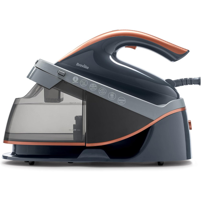 Праска Breville Powersteam 2600W з керамічною підошвою, 220г паровий удар, вертикальний струмінь 50 г/хв, автовимкнення, білий/блакитний (станція для прасування)