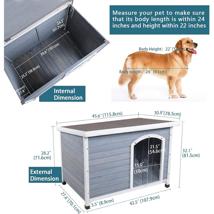 Будка для собак Petfit для вулиці, знімний піддон для легкого прибирання, ізольована дерев'яна хатинка для собак, частковий дах, невеликий навіс, 78 x 53 x 58 см (мала) (Сірий, L)