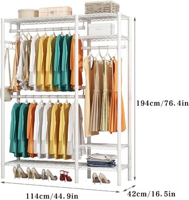 KZOBYD Clothes Rack, Freestanding Clothes Rail with Shelf Metal Wardrobe with Hanging Rods Open Closet with 4 Adjustable Shelves for Coats, Dresses, Shoes (White)