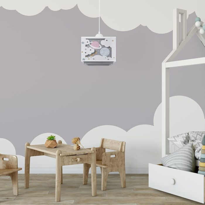Paco Home Hanging Lamp Children's Room Ceiling Lamp Pendant Light Lampshade Fabric E27 Lion Jungle Glows in the Dark (Planets, Gray)
