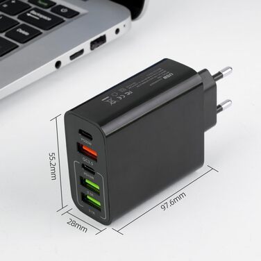 Мережевий адаптер AXFEE 65W 5-портовий з USB-C та USB-A, швидка зарядка PD 3.0, чорний