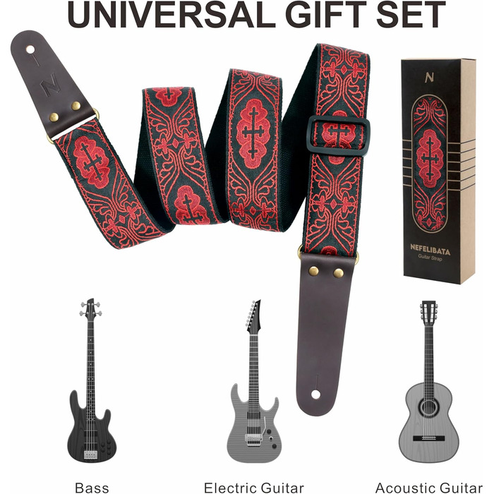Накладки на гітару Nefelibata: бавовняні ремені з шкіряними кінцями, для бас-гітари, електро- та акустичної гітари, 1 кнопка, 2 замки, 4 прикраси