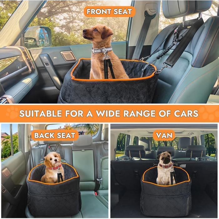 Memory Foam Dog Car Seat for Small Dogs (Under 11kg) - Elevated Design with Storage Pockets