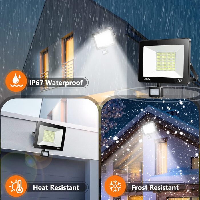 LED Floodlights with Motion Sensor Outdoor 50W 2 Pack, 5000LM LED Floodlights with Motion Sensor Outdoor, 6500K Outdoor Lamp Outdoor Floodlight, IP67 Waterproof Spotlight Outdoor for Warehouse Garden Garage (100W-2PC)
