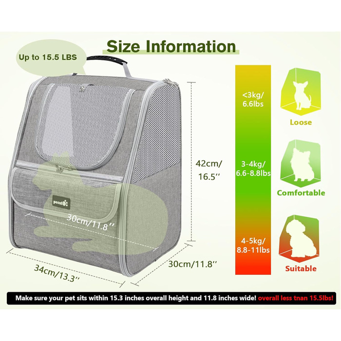 Рюкзак для кота Pecute з сіткою, дихаючий та легкий, для собак та котів до 6 кг (Світло-сірий)