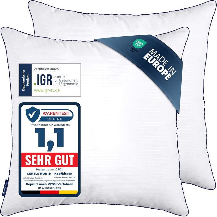 Gentle North High-Quality Pillowcases (80x80 cm / 31.5 x 31.5 inches) - Hotel Quality 2-Pack Fluffy, well-filled pillows suitable for allergy sufferers (Ökotex 100 Certified) - Washable at 60°C 2x | 80x80
