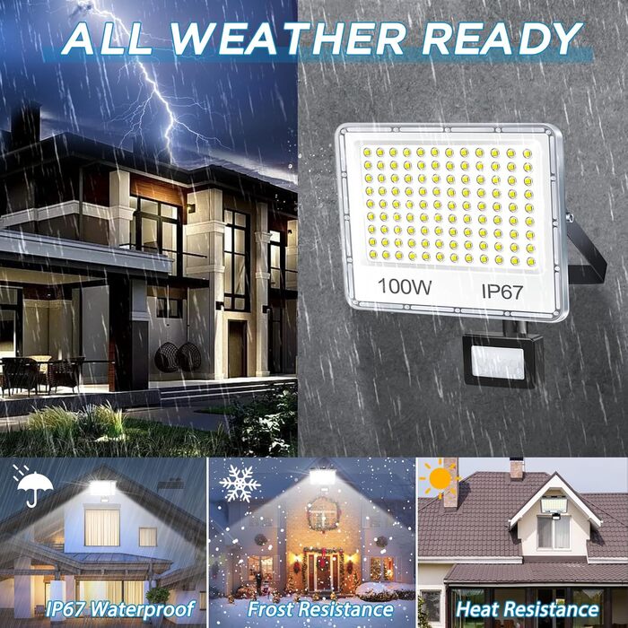LED Floodlights with Motion Sensor Outdoor 100W 2 Pack, 10000LM LED Spotlights with Motion Sensor, 6500K Cool White Outdoor Floodlights, IP67 Waterproof Floodlights for Warehouse, Garden, Garage