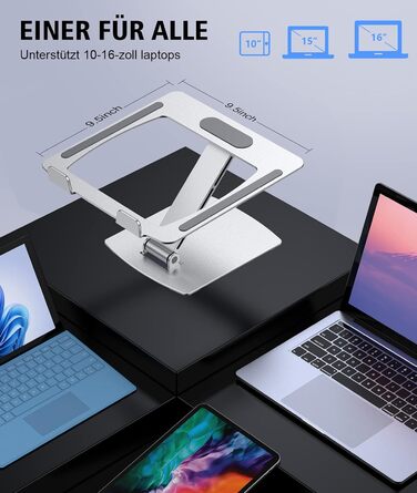 Підставка для ноутбука Glangeh, регульована по висоті, ергономічна, портативна, для столу, складана, з алюмінію, сумісна з MacBook Air/Pro (10–16 дюймів), срібна