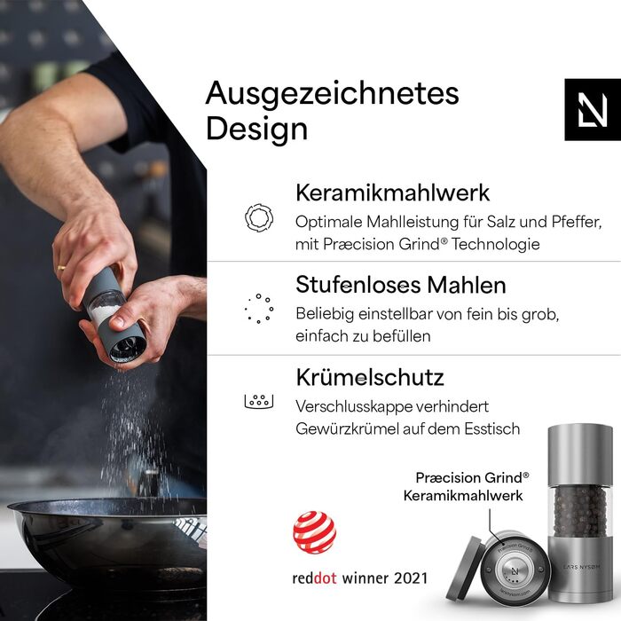 Набір для солі та перцю Lars Nysøm з нержавіючої сталі з регульованою керамічною жорнавою системою (2 шт.)