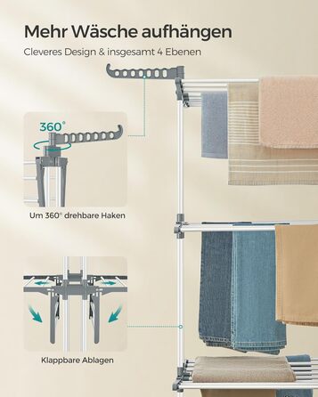 SONGMICS Сушарка для білизни на коліщатках, 4 яруси, розкладна, біла, 63.5 x 128 x 173 см, для дому та вулиці