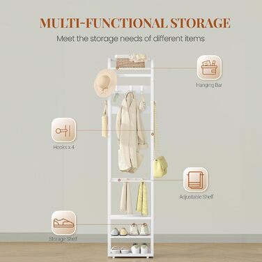 Настінна вішалка для одягу з 4 полицями та 13 гачками, 30 x 40 x 186 см, біла
