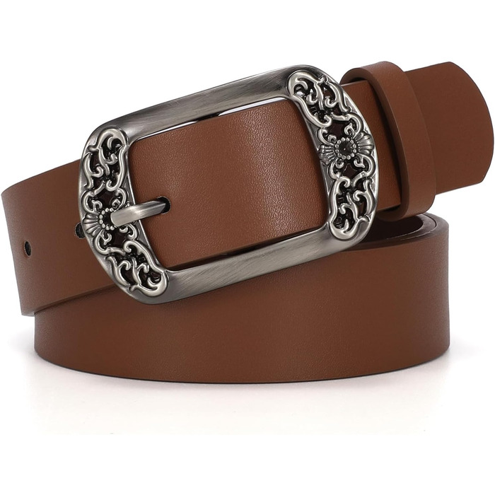 Жіночий шкіряний ремінь Suosdey, класичний чорний з квітковим пряжкою, для джинсів, суконь, модний аксесуар (колір: рудий коричневий, довжина 120 см, розмір: 93-103 см)