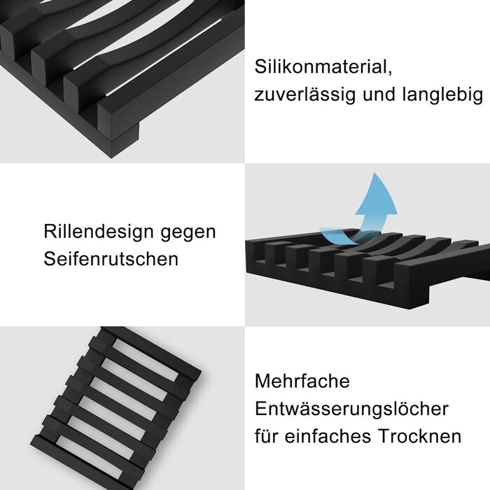 Набір з 2 силіконових мильниць AstraLoom з самостійним зливом, легко чистяться, неслизькі та міцні, для ванної кімнати, кухні, мила (Чорний)