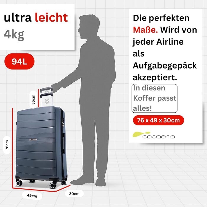 Чемодан Leon Koffer Groß 94 літрів з TSA замком, сірий, XL. Валіза на колесах, з жорстким корпусом