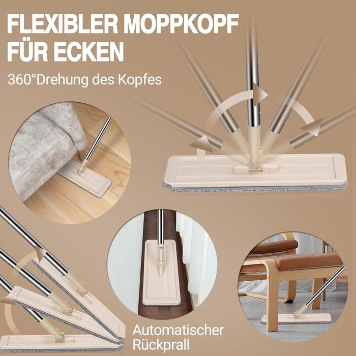 Набір для миття підлоги MASTERTOP з відром, моп з нержавіючою ручкою та 3 насадками, набір 2 в 1 з відром для вичавлювання, плоский моп для твердої підлоги, ламінату, плитки (Бежевий)