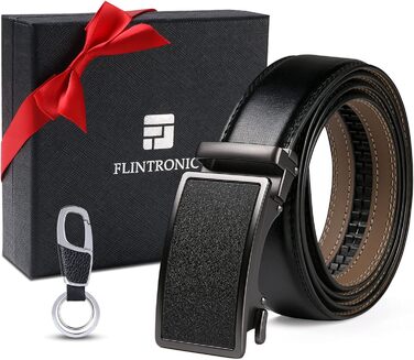 Чоловічий шкіряний ремінь Flintronic з автоматичною пряжкою (ратинг), ширина 3.5 см, довжина 130 см, з лінійкою та брелоком (у подарунковій коробці), чорний
