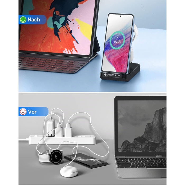 Seacosmo Зарядна станція 3-в-1, 18W для Samsung Galaxy Buds, A55/A54/A35/A34/A16/A15/A14/A06, Galaxy Watch 8/7/6/5/4/3/2/Pro/Classic/Active - Бездротовий зарядний пристрій, чорний