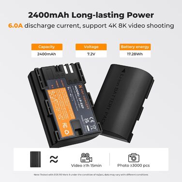 Акумулятор для камери Canon K&F CONCEPT LP-E6P 2400mAh (2 шт.) з зарядним пристроєм, сумісний з EOS R5 Mark II, R5, R6, R7