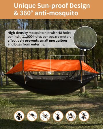 Гамак-намет для кемпінгу з москітною сіткою та сонцезахистом, 290x140 см, великий простір, легкий, з ременями для кріплення до дерева, підлоговий намет для відпочинку на природі, пікніків, походів, зелений (помаранчевий)