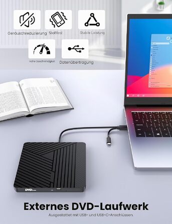 Зовнішній CD/DVD привід MOSWAG USB 3.0 та Type-C, оптичний багатофункціональний накопичувач +/-RW для PC, Mac, MacBook Pro, Linux, Win 11/10, чорний