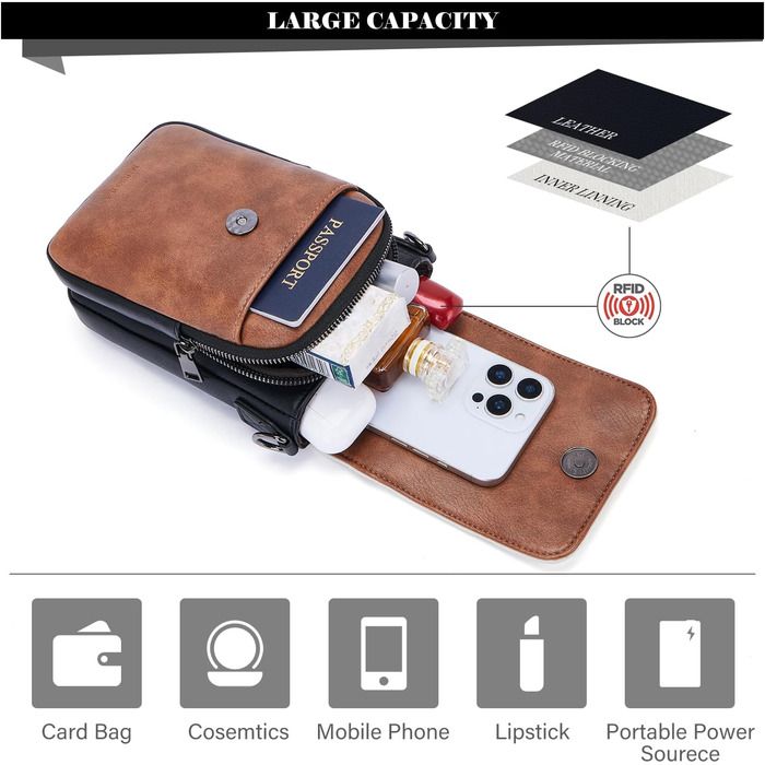 Сумка-органайзер на шию MUIIKOLA для телефону з RFID-захистом, велика місткість, екошкіра, гаманець, широка лямка, чорно-коричнево-біла