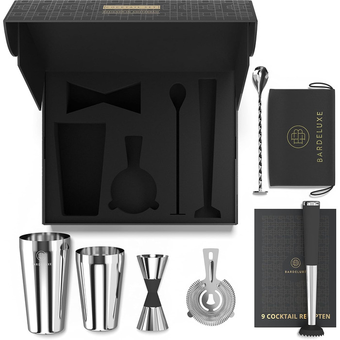 Набір бармена Boston Deluxe® 5 предметів: шейкер, аксесуари, рецепти - 750 мл, нержавіюча сталь, подарунковий