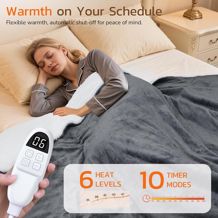 Електрична ковдра PRANITE 180x130 см з Sherpa та Flanell, 6 режимів нагріву, таймер 10 годин, автовимкнення, захист від перегріву, придатна для прання – сіра для ліжка та дивана