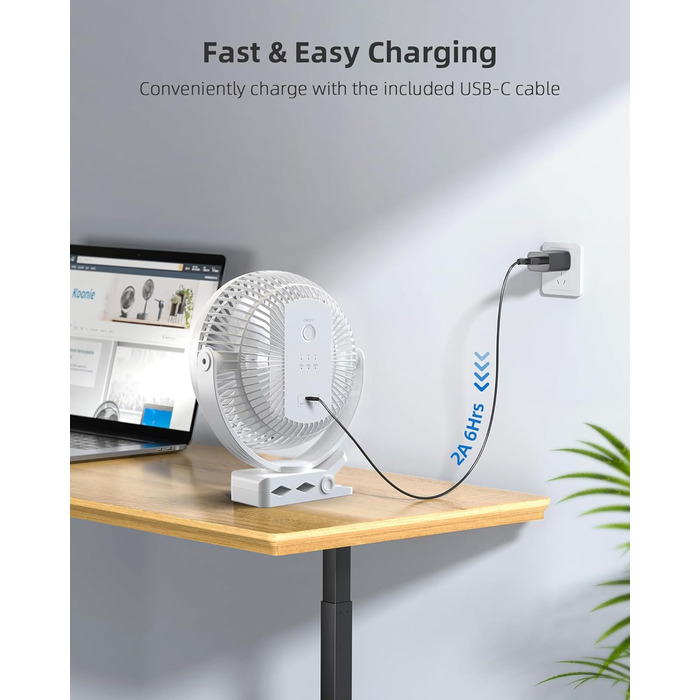 Вентилятор Koonie 10000 mAh з кліпсою, 20 см, портативний USB, акумуляторний, 4 швидкості, 360° оберт, тихий, для дому, офісу, дитячої коляски, кемпінгу, гроубокса (білий)