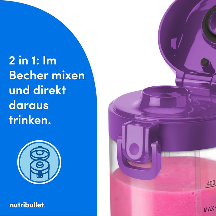 NutriBullet Immersion Blender, Immersion Blender, 475ml BPA-free, Mini-Mixer, Multi-Function Mixer, USB-C Charger, over 15 blending cycles, Violet, NBP003PU Portable Violet