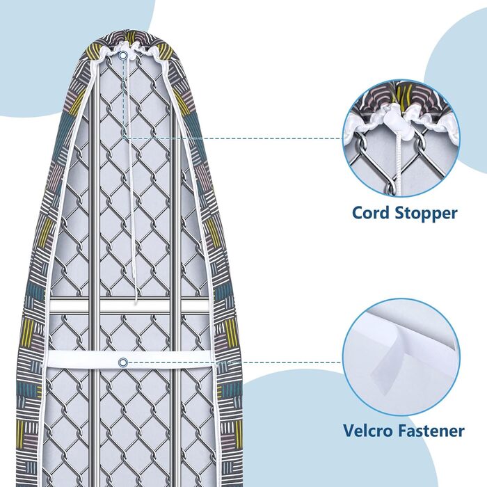 Чохол для прасувальної дошки Cozary 125 x 45 см, бавовна, для парогенератора та праски, стійкий до високих температур (210°C), блакитно-сірий в клітинку