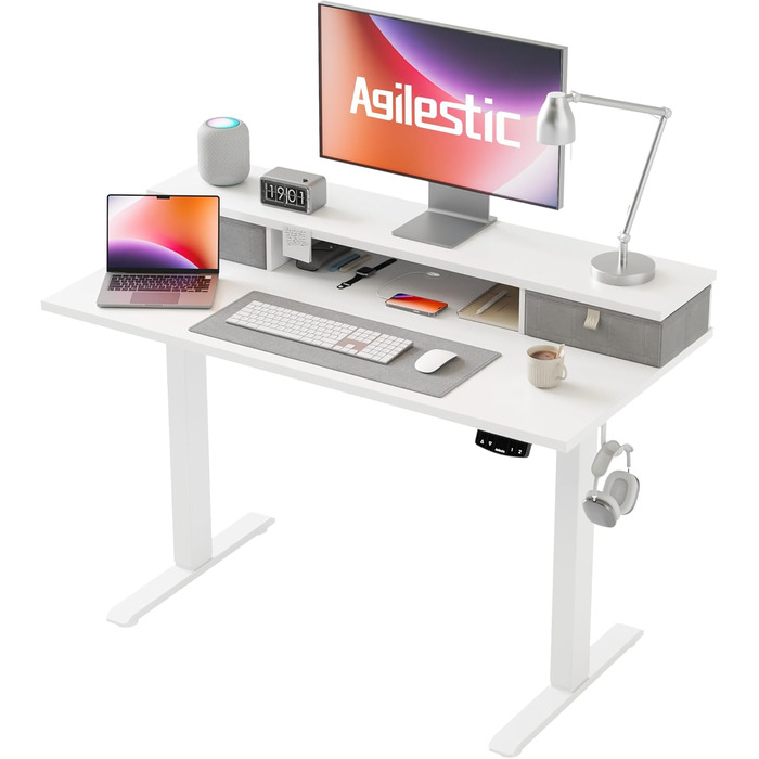 Регульований стіл Agilestic з 2 ящиками, електричний, ергономічний, для роботи та навчання, білий (100 x 60 см)