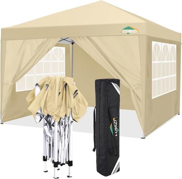 COBIZI Gazebo 3x3 Waterproof, Stable, Winter-Proof Foldable Gazebo 3x3 with 4 Side Walls Outdoor Pop-up Gazebo Folding 3x3m UV Protection 50+ Garden Tent Party Tent Folding Party Tent incl. Bag (Khaki)