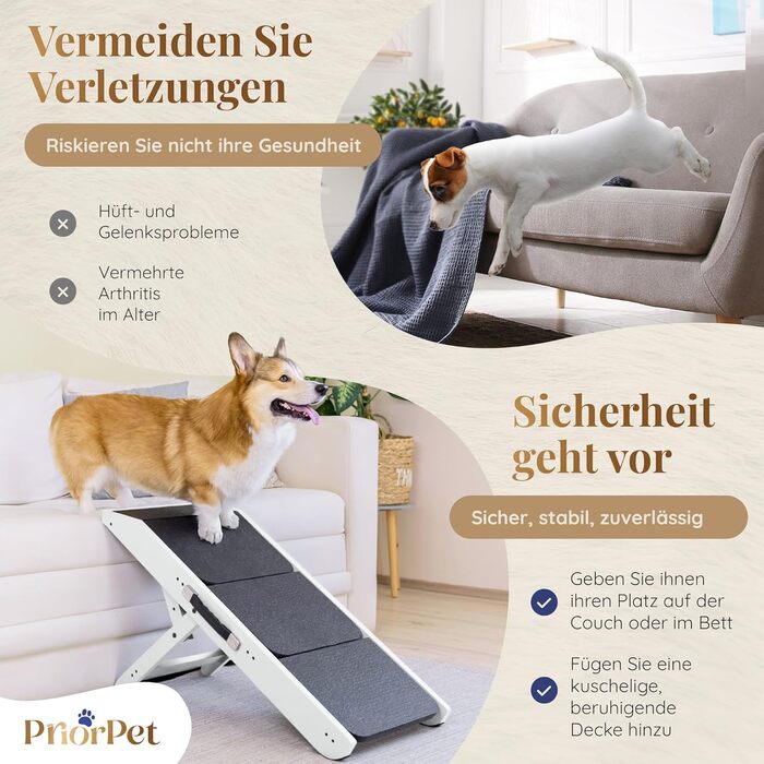 Сходинка для собак на ліжко та диван 2-в-1 - регульована пандус для собак, 18-50 см - для маленьких собак, легка у переміщенні, з платформою, натуральне дерево (білий дуб)