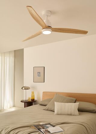 Вентилятор стельовий з підсвічуванням Windstylance Natural Wood L 152 см, білий, дерев'яні лопаті, WiFi, пульт, 6 швидкостей, літній/зимовий режим