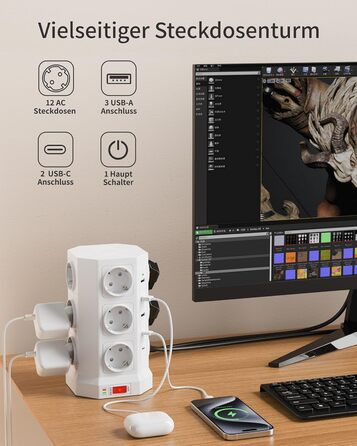 Блок розеток із захистом від перенапруги (3680W/16A), 12 розеток з 5 USB, мережевий фільтр з вимикачем, 1,5м кабель, захист 1050J, для дому/офісу, білий