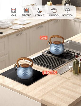 Чайник BELANKO Teekessel 2.7 л з дерев'яною ручкою, гучний свисток, чайник з нержавіючої сталі для плити, індукції, діамантовим дизайном, чорний (блакитний Glacier Blue)