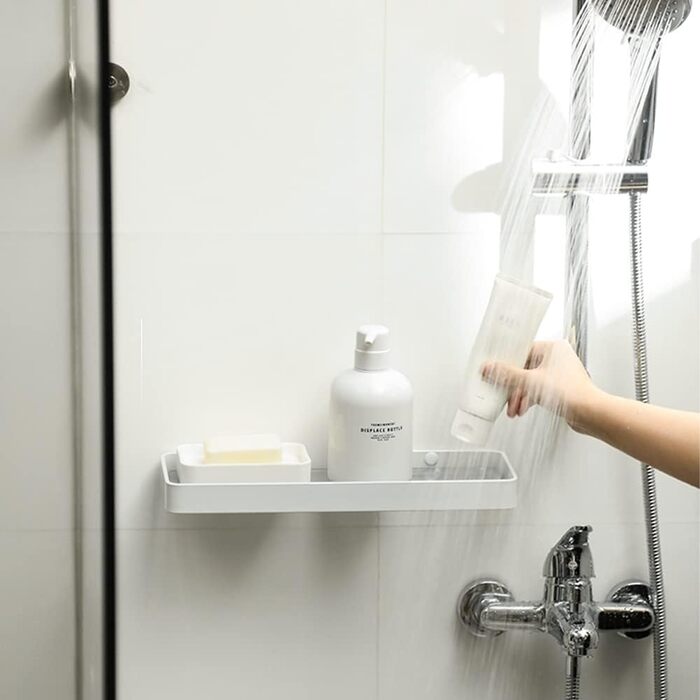 Biutimarden Shower Shelf No Drilling, Bathroom Shelf, Glass Shelf, Wall Mounting, Bathroom Shelf, Rectangular 8MM Tempered Glass, Self-Adhesive, Space Aluminum for Bathroom, Kitchen, Bathroom Accessories, 40CM White