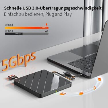 Зовнішній DVD-привід Alxum USB-C 3.0 та USB: CD/DVD плеєр і записувач для ноутбука з картридером SD/TF та додатковим USB-портом, Plug & Play, чорний