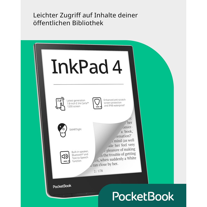 Pocketbook InkPad 4: Електронна книга, 7.8'' E-Ink, 32 GB, Bluetooth, водонепроникна, срібна (DE/at/CH версія)