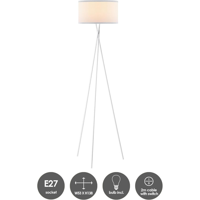 Стійка лампа Home Sweet Home Retro з металу та абажуром білого кольору | 138 см, E27, 4W, 2700K | для спальні