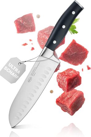 Кухонний ніж RÖSLE Santoku 17,5 см з куленшліфом, ергономічна ручка, для м'яса, риби та овочів, японська форма леза, преміум якість
