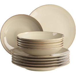 MÄSER 931734 Ossia, 6-Person Place Setting in Mediterranean Vintage Style, 12-Piece Modern Dinnerware Set with Soup Plates and Dinner Plates in Sandy Grey, Ceramic, Sandy Grey
