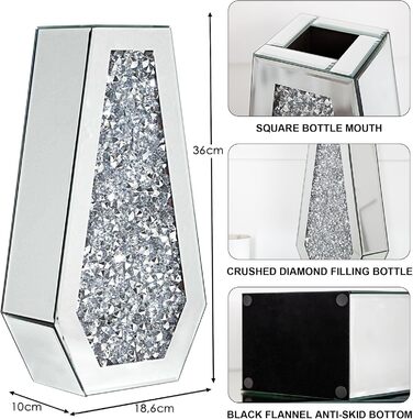 Срібна ваза Shyfoy з дзеркальною поверхнею, 36 см, з декором з кристалів та діамантів. Сучасна ваза для декору інтер'єру, для дому, на стіл, вхід.