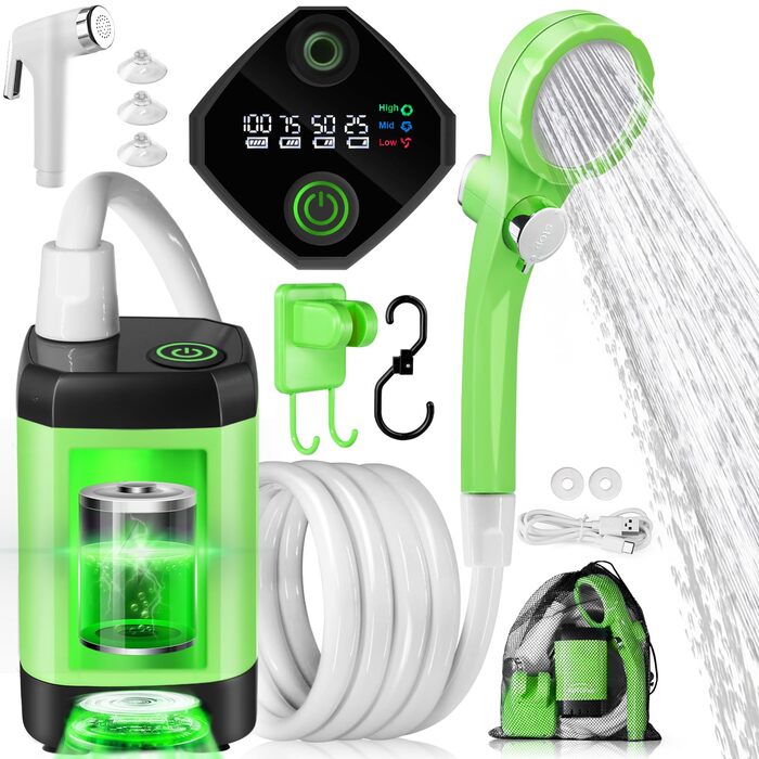 Портативна електродушова система Campingdusche з акумулятором 4500mAh, IPX7, дисплей, для кемпінгу, відпочинку на природі, автомийки, зелена