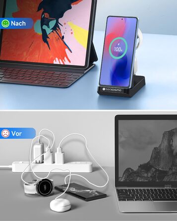 Seacosmo Зарядна станція 3-в-1, 18W для Samsung Galaxy Buds, A55/A54/A35/A34/A16/A15/A14/A06, Galaxy Watch 8/7/6/5/4/3/2/Pro/Classic/Active - Бездротовий зарядний пристрій, чорний