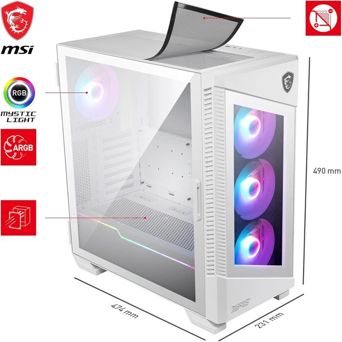 Корпус ПК MSI MPG Velox 100R White Mid-Tower для E-ATX, з загартованим склом, Airflow, Mystic Light, 2x 360mm кулер